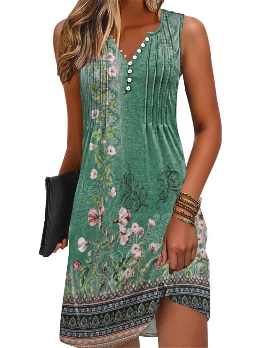 Women's Flower Wallpaper Green Cover V-Neck Summer Button Sleeveless Mini Dress